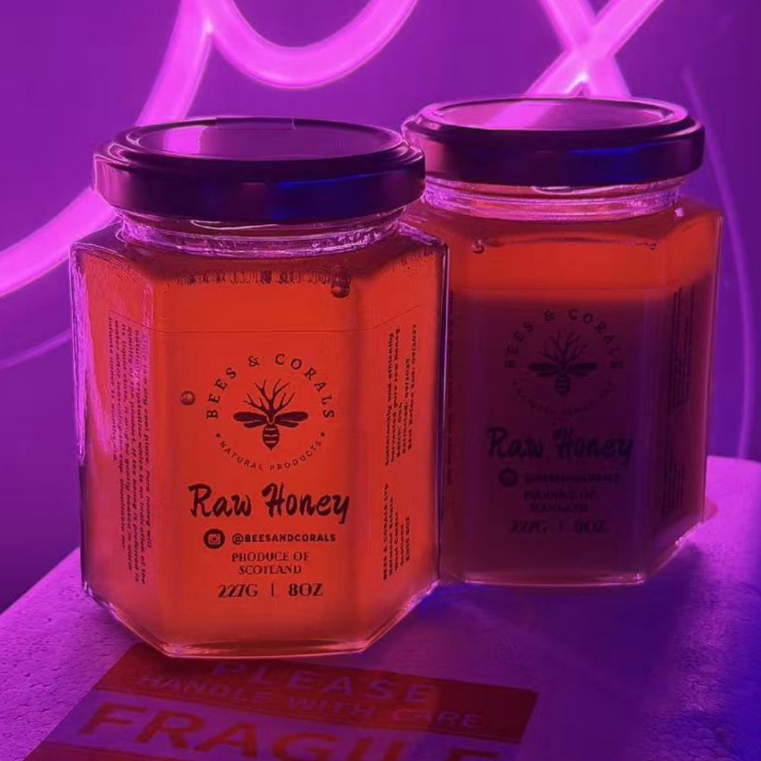 Two 227 g jars of Bees & Corals raw honey, produce of Scotland